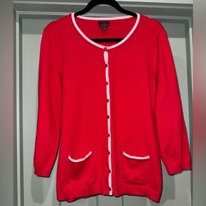 Talbots Pima Cotton Red Cardigan Sweater Pink/White Trim Button Front Women’s L